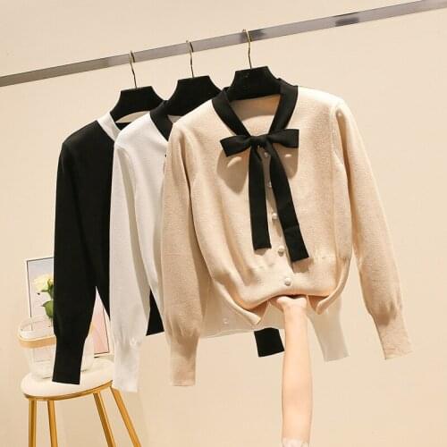 V Neck Women Cardigan Sweater Ribbed Knitted Tops Bow Cute Girls Coat Spring Autumn Jacket Knitted Sweaters Black white Apricot