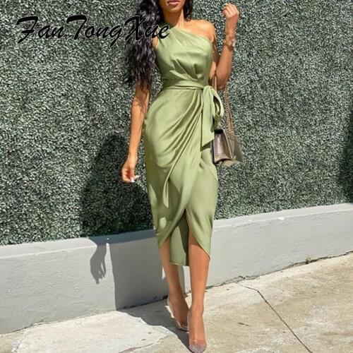 Satin Dresses for Women 2021 Summer Solid Lace Up Office Lady Dress Skinny One Shoulder Deep Skew Neck Long Dresses Women