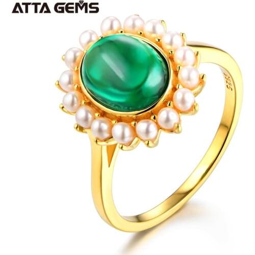 ATTAGEMS 100% 925 Sterling Silver Emerald Pearl Wedding Party 18K Yellow Gold Ring For Women Fine Jewelry Wholesale