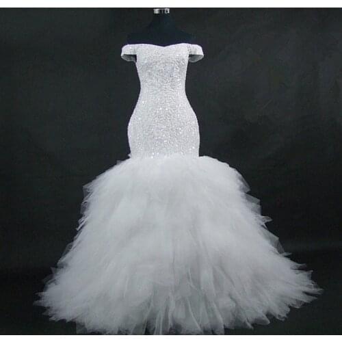 2021 Off Shoulder Short Sleeve Mermaid Sweep Train Sequined Lace-up Wedding Dress Bride Gown Vestidos De Novia