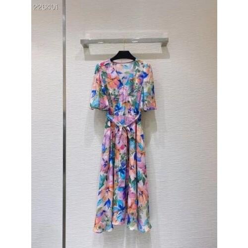 Runway Design Midi Dress Elegant Autumn Evening Party V-Neck Half Sleeve Silk Flowers Print Belt Ladies Hot Sale Dress