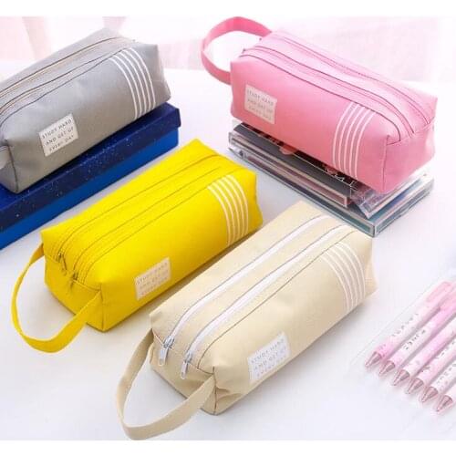 1PC Kawaii Canvas Double Layers Large Capacity Pencil Bag With Handle Desk Makeup Storage Bags Kids Pencil Case Box Stationery