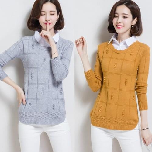 2019 Autumn New Shirt Sweater Women Long Sleeve Fashion Beading Knitted Sweaters And Pullovers Casual Female Jumper Tops R758