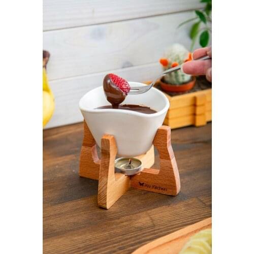White Porcelain Bowl Fondue Fork Wooden Stand Fondue Set Fondue Serving Set Cheese, Chocolate, Ice Cream Chocolate Fondue Set
