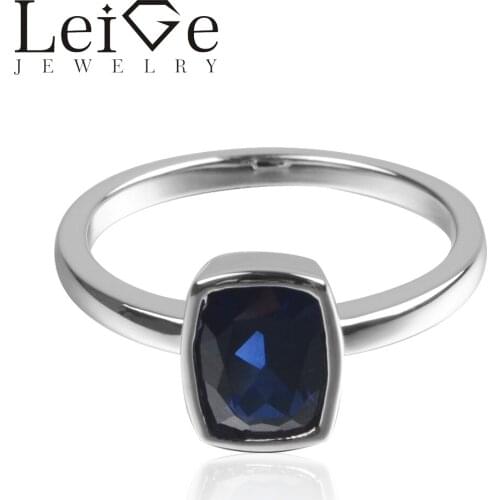 LeiGe Jewelry Lab Created Blue Sapphire 925 Sterling Silver September Birthstone Cushion Cut Engagement Solitaire Ring For Woman