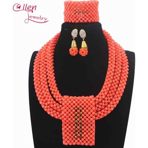 New nigerian Wedding African Coral beads Jewelry Set Women Costume Statement Necklace Earrings Bracelet Set for Brides W13938