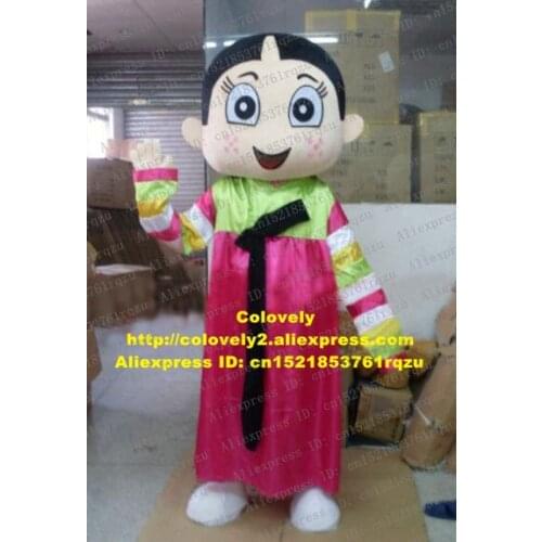 Beauteous South Korean Girl Corean Lassock Mascot Costume Cartoon Character Mascotte Pink Skirt Black Ribbon ZZ847 FS