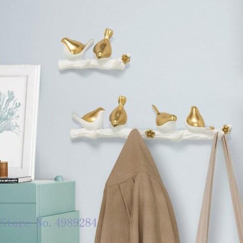Creativity Background Wall Coat Hook Golden Bird Wall Decoration Storage Bird on Tree Branch Resin Organization Home Decoration
