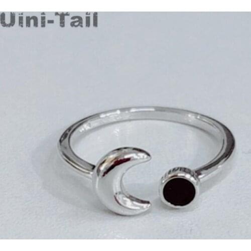 Uini-Tail hot new 925 sterling silver simple sweet moon ring personality temperament small fresh black circle Epoxy jewelry