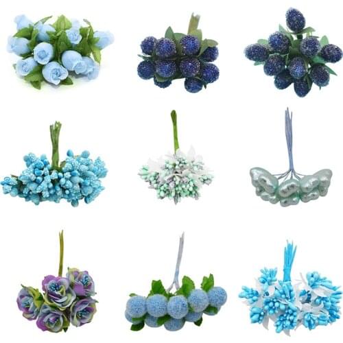 Mini Mixed Blue Artificial Plant Flowers Cherry Stamen Berries Bouquet Gift Box DIY Wreath Christmas Wedding Party Deco Supplies