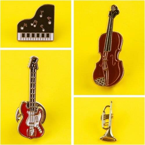 Fashion Vintage Violin Guitar Piano Brooch Pin Musical Note Lapel Pins Enamel Brooches For Women Badge On Bag Collar Pin Button
