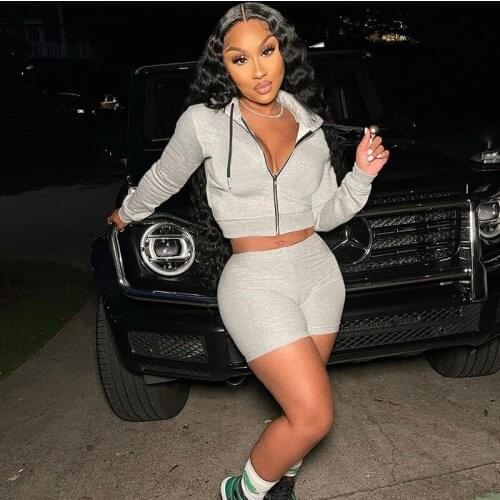 Sporty Casual Tracksuit Women Two Piece Set Matching Sets Long Sleeve Zipper Hoodies Crop Top and Biker Short Sets Jogging Femme