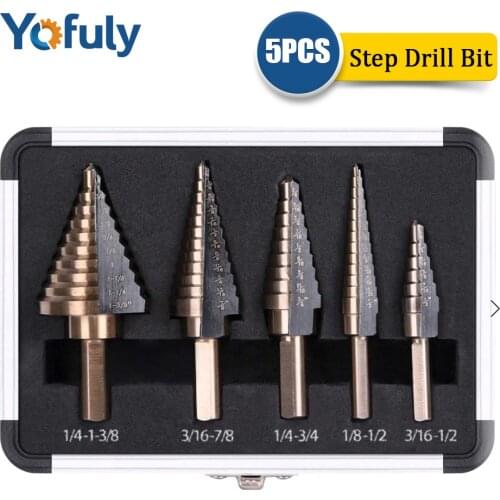 5pcs HSS Cobalt Step Drill Bit Set Multiple Hole 50 Sizes Drilling Bit Tools With Aluminum Case High Quality