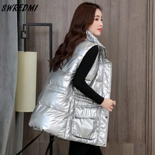 SWREDMI Waterproof Warm Vest Women Winter Wear Plus Size M-5XL Waistcoat Zipper Glossy Cotton Padded Parkas Sleeveless