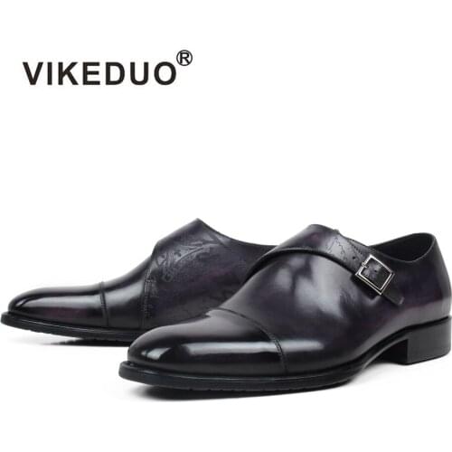 VIKEDUO Letter Engraving Monk Strap Shoes Mens Genuine Leather Patina Shoes Wedding Formal Dress Shoes Driving Footwear Zapatos