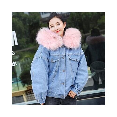 Hooded Fur Denim Jackets Women Liner Cotton Winter Thicker Denim Coats Ladies Casual Jacket Female Plus Size Loose Outerwear Top