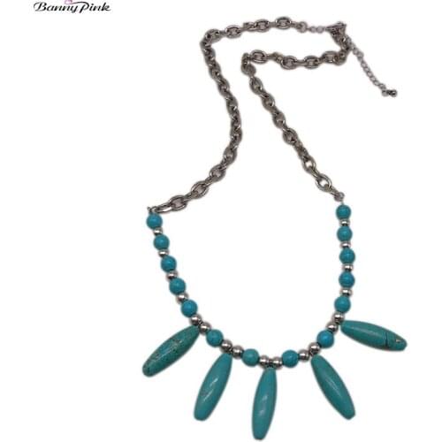 Banny Pink Bohemia Long Stone Beads Pendant Necklace For Women Vintage Round Beads Link Chain Statement Choker Collar Necklace