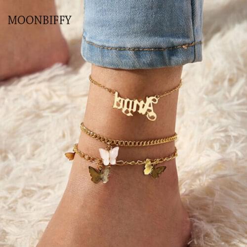 2021 Summer Beach Ankle Bracelet Girls Butterfly Angle Letter Alphabet Pink Pendant Alloy Multilayer Foot Jewelry For Womens