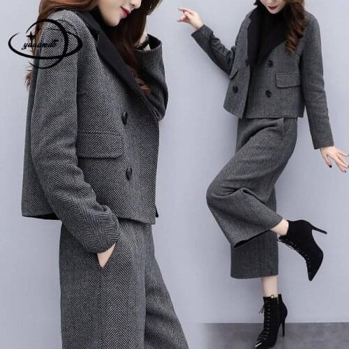 S-3xl Womens Set Autumn Spring Female 2pcs Suits Turn-Down Collar Long Sleeve Wide Leg Pants Office Ladies Outfits Clothes C95