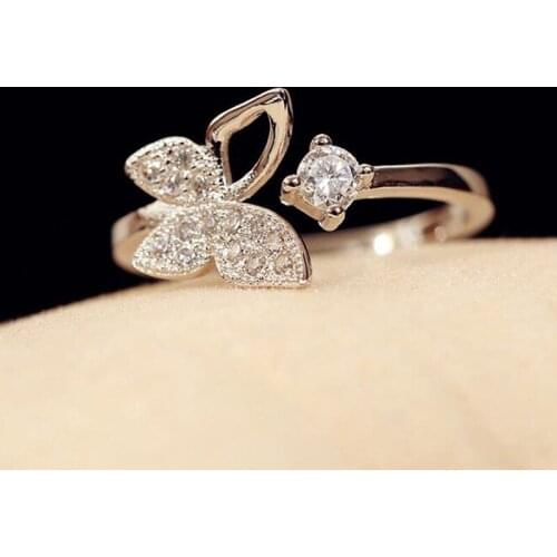 Silver Color Luxury Crystal Butterfly Rings For Women Jewelry Fashion Open Adjustable Finger Ring