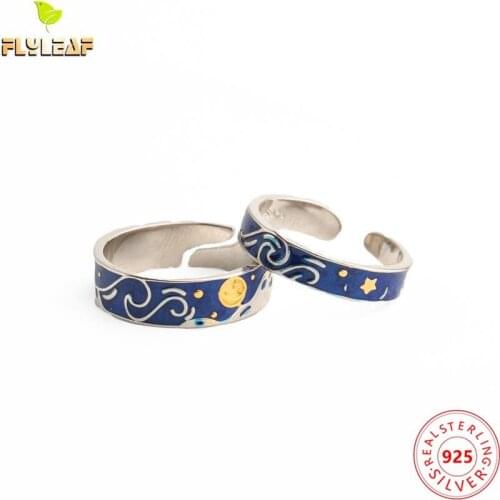 925 Sterling Silver Van Gogh Starry Sky Open Couple Rings For Women Men Romantic Valentines Day Present Fine Jewelry
