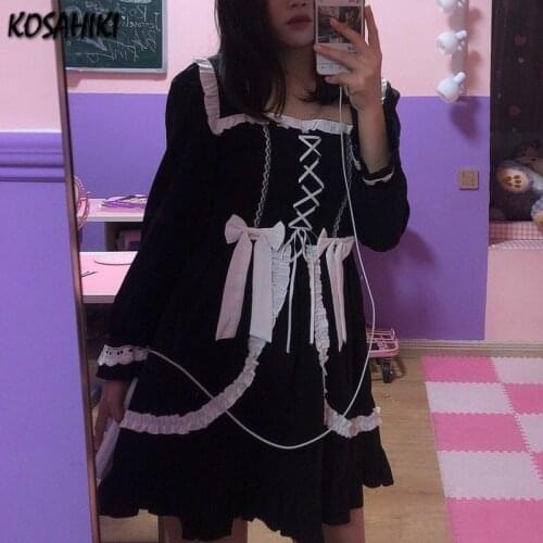 KOSAHIKI 2021 Japanese Harajuku Kawaii Femme Robe Vintage Retro Bowknot Square Collar Vestidos Gothic Style Student Dress 11a086