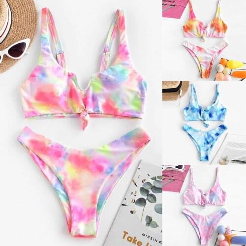 2021New Women 2PCS V-neck Push Up High Waist Thong Summer Sexy Swimsuit Colorful Printing Solid Underwear Set Belted Bikini