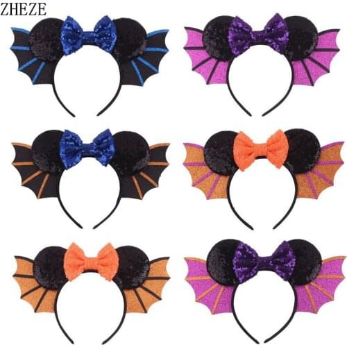 6pcs NEW Halloween Festival Headband Bat Wings Party Sequin Bow Hairband for Girl Woman DIY Boutique Party Hair Accessories
