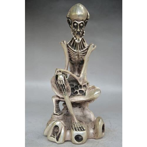 8.4' COLLECTIBLE DECORATED OLD HANDWORK TIBET SILVER CARVED SKULL BUDDHA STATUE