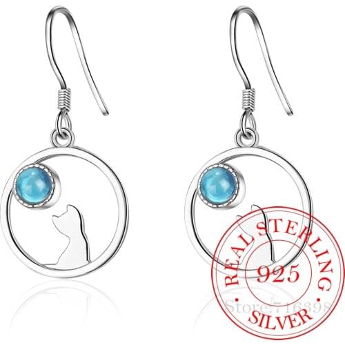 925 Sterling Silver Moonstone Cat Drop Earrings For Women Fashion Jewelry Lady Statement Earrings Pendiente