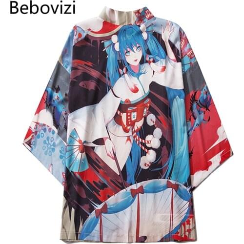 Bebovizi 2021 Anime Girls Print Cosplay Japanese Kimono Cardigan Tops Summer Women Clothing Jacket Shirt Samurai Yukata Haori