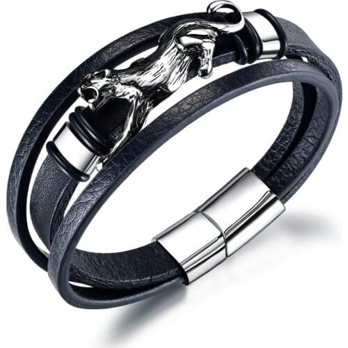 Black bracelet for men 2020 punk three layers leather jewellery accessories regalos para hombre Stainless steel buckle leopard