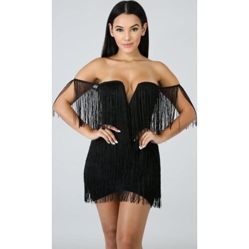 Black Solid Sleeveless Tassel Slim Women Dress 2021 Deep V Neck Tiered Fringe Summer Dress Sexy Bodycon Party Dress