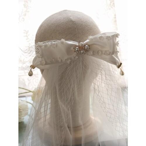 French Style Bride Face Veil Hair Clips Big Satin Bow Headwear Handmade Pearl Flower Bridemaid Church Party Fairy Mesh Headdress
