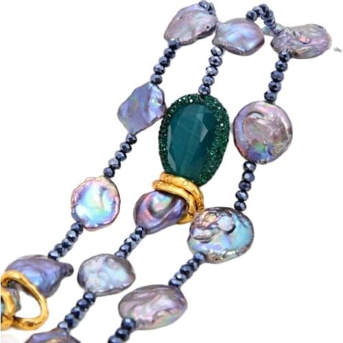 GG Jewelry 20'' 3 Strands Black Keshi Pearl Green Cat Eye Necklace