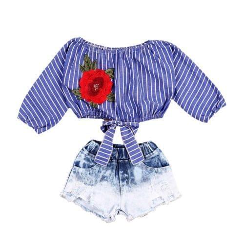 Child Baby Girls Clothing Sets Crop Tops Shirts Blouse Flower Striped Denim Short Jeans Clothing Set Girl Outfits