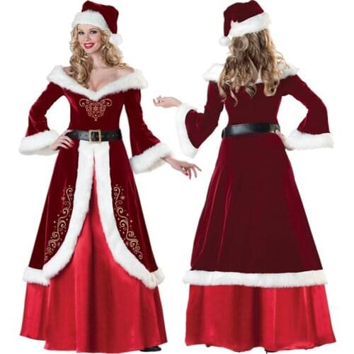 Mrs. Santa Claus Cosplay Costume Luxury Adult Sexy Women Xmas Costume Red Christmas Dress Party Fancy Dress
