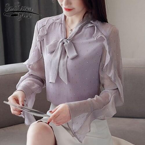 New fashion womens tops 2021 fall purple long sleeve pullover bow chiffon womens blouse casual solid lady shirt blusa 5699 50