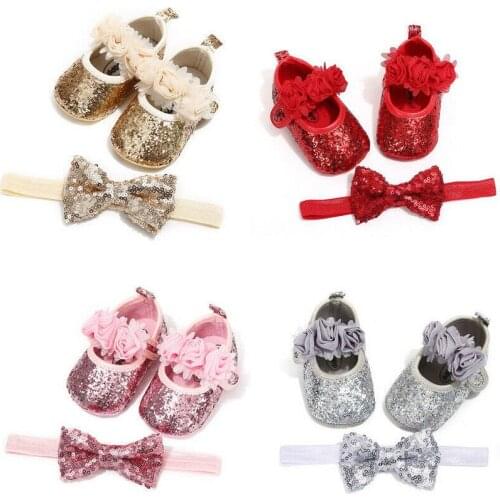 Baby Girls Shoes Flower Sequins Soft Sole Glitter Crib Shoes Anti-slip Sneakers Prewalker Party Princess Shoes + Headband 0-18M