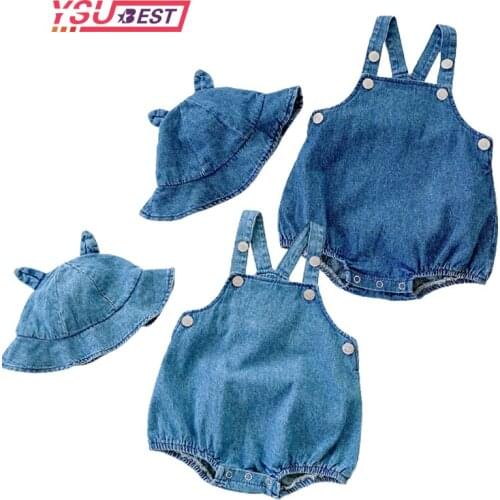 Newborn Baby Clothes Denim Girls Boy Cowboy Children Rompers Jumpsuit +Hat Sling Strap Kids OutfitsToddler Girl Cowboy Clothes