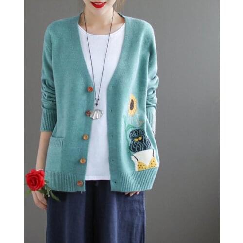 Autumn Cardigans Coat Liteary Girl Sunflower Pattern Jacquard Kntting Outerwear V Neck Sweater Women Long Sleeve 6 Color Pull