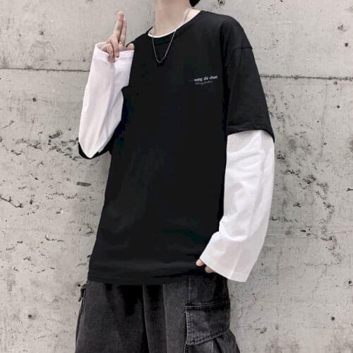 Autumn Long-sleeved Tshirt Women T-shirt Men Tops Loose Fake Two-piece Casual Tops Wild Hedging Bottoming Shirt Students Autumn