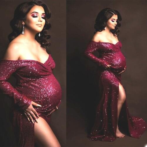 Fashion Pregnant Women Photoshoot Dress Sleepwear Sparkly Sequins Off Shoulder Long Sleeve Party Evening Gown Bathrobe Nightdres