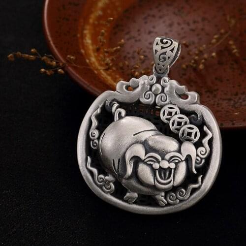 Fine Silver Fortune Pig Lucky Pendant Silver Restoring Ancient Ways Joker Archaize Hang Drop Wholesale Men And Women