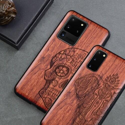 Carved Skull Elephant Wood Phone Case For Samsung Galaxy s20 s10 s10+ note 10 plus Samsung s20 ultra Silicon Wooden Case Cover