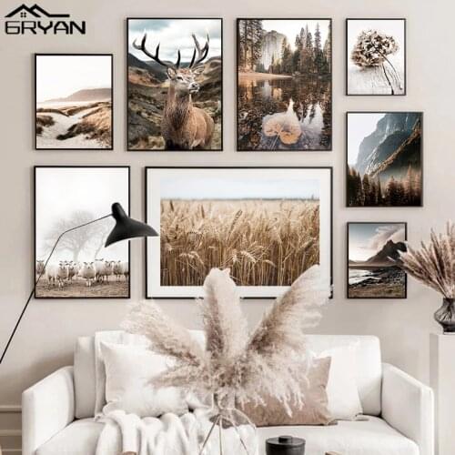 Nordic Nature Landscape Canvas Wall Art Poster Autumn Deer Lake Mountain Sheep Prints Painting Plant Animal Picture Home Decor