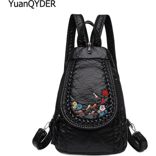 High Quality Leather Fashion Embroidery Ladies Backpack Casual Solid Color Students School Bag 2021 New Women Travel Bags Bolsos