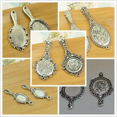 Mirror shape stone/cabochon/photo base bottom DIY alloy charm pendant antique silver vintage beads jewelry accessories findings