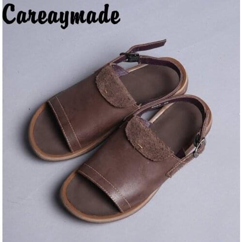 Careaymade-Pure Handmade Leather Mori Womens Shoes Retro Literary Fan First Layer Leather Low Heel Neutral Handsome Sandals