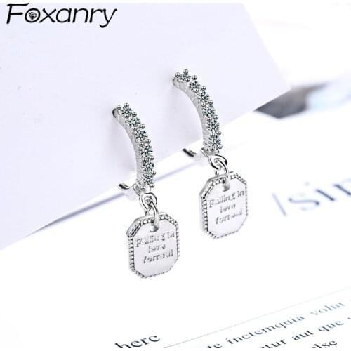 Foxanry 925 Sterling Silver Zircon Drop Earrings for Women Couples New Fashion English Letter Tag Pendant Elegant Bride Jewelry